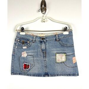 MOON‎ Y2K Denim Micro Mini Skirt Medium Patchwork Blue Boho Festival Distressed